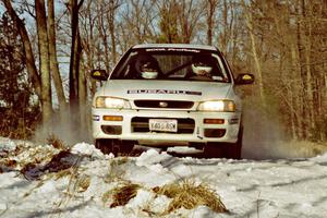 Greg Healey / John MacLeod set up for the hairpin on SS7, Ranch II, in their Subaru Impreza.