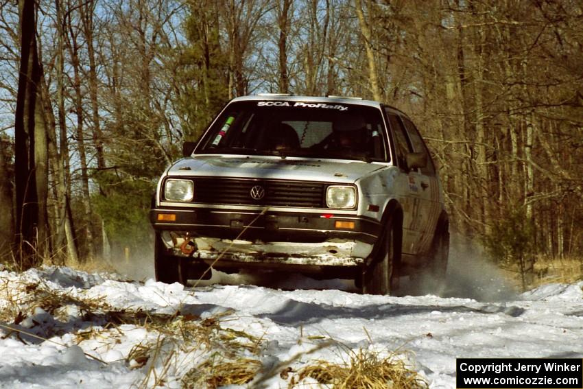 Doug Davenport / Lea Hoffa set up for a hairpin on SS7, Ranch II, in their VW Golf.