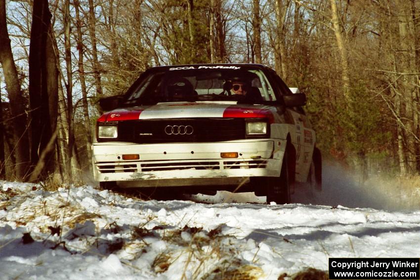 Jim Warren / Charles Bender set up for the hairpin on SS7, Ranch II, in their Audi Quattro.