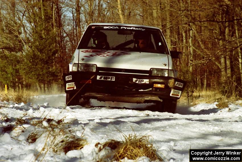 The Mark Brown / Ole Holter Toyota Corolla FX-16 sets up for the hairpin on SS7, Ranch II.