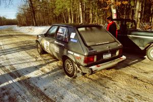 The Mark Utecht / Brenda Corneliusen Dodge Omni GLH-Turbo leaves the start of SS9, Avery Lake II.