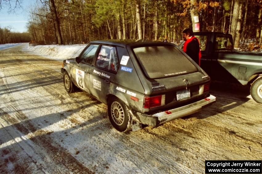 The Mark Utecht / Brenda Corneliusen Dodge Omni GLH-Turbo leaves the start of SS9, Avery Lake II.