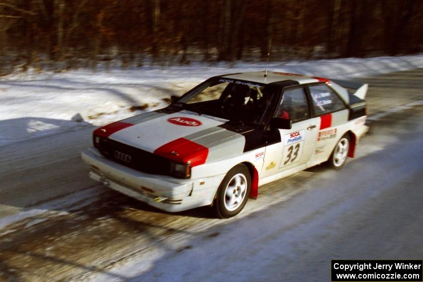 Jim Warren / Charles Bender at speed on SS9, Avery Lake II, in their Audi Quattro.