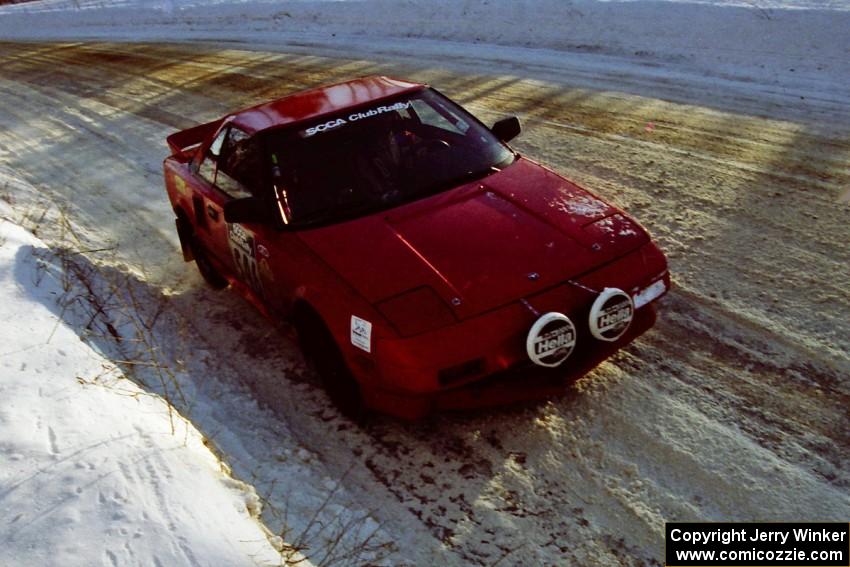 The Steve Irwin / Phil Schmidt Toyota MR2 at speed on SS9, Avery Lake II.