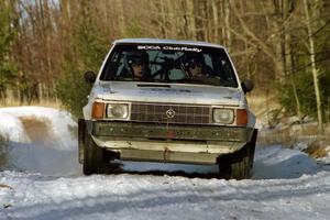 John Zoerner / John Shepski set up their Dodge Omni GLH-Turbo for the hairpin on SS7, Ranch II.