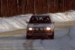 The Brad Hawkins / Adrian Wintle VW Jetta at speed on SS9, Avery Lake II, just before sunset.