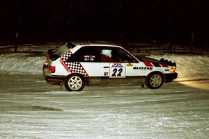 The Mark Cox / Jim Gill Mazda 323GTX heads through a 90-left on SS16, the final stage.