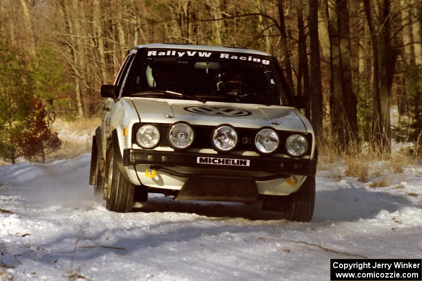 The Jon Hamilton / Josh Westhoven VW Rabbit sets up for the hairpin on SS7, Ranch II.