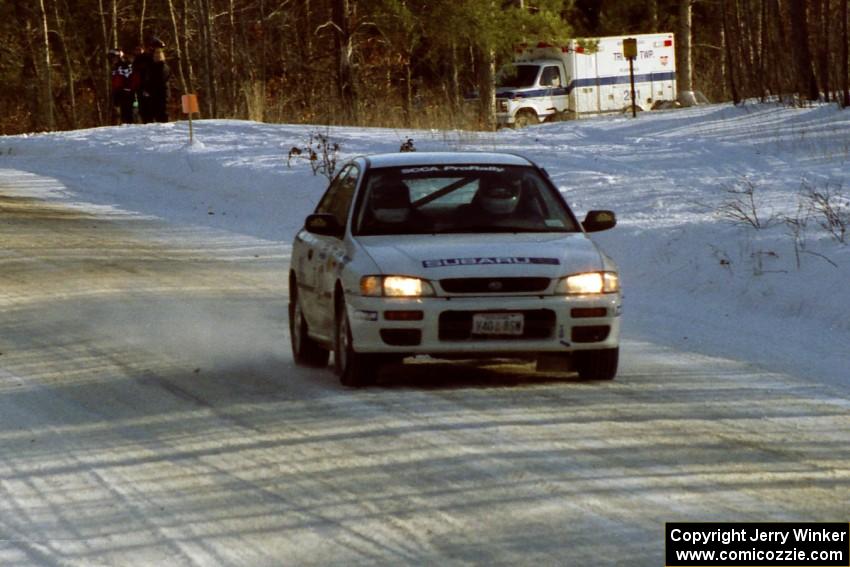 Greg Healey / John MacLeod at speed on SS9, Avery Lake II, before sundown in their Subaru Impreza.