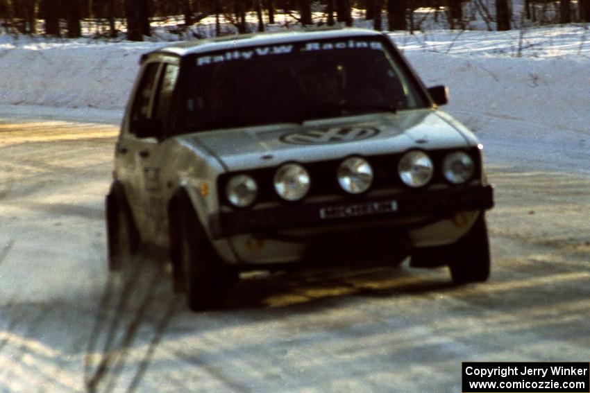 The Jon Hamilton / Josh Westhoven VW Rabbit at speed on SS9, Avery Lake II.