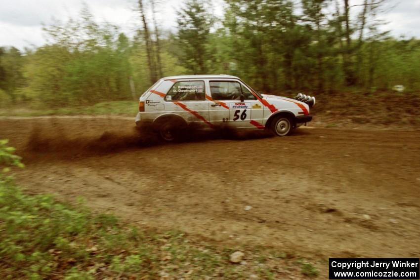 Doug Davenport / Lea Davenport drift their VW GTI through a 90-left on SS1.