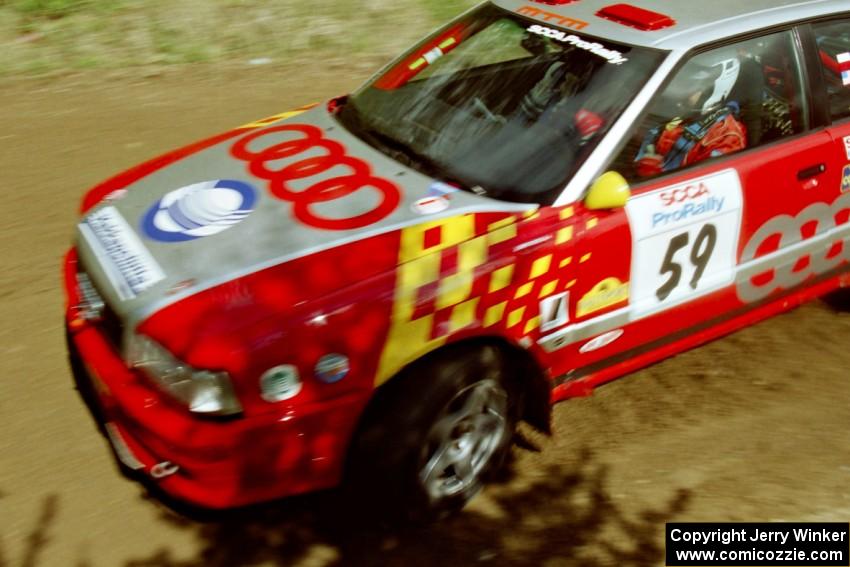 John Rek / Rob Dupree drift their Audi S2 Quattro through the first turn of SS1, Indian Creek Rd.