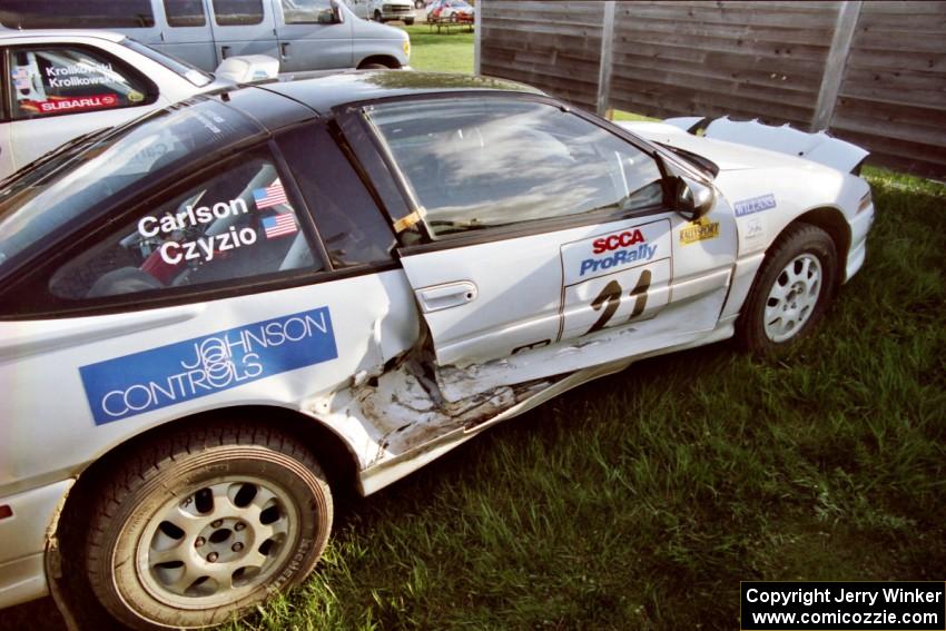 The Chris Czyzio / Eric Carlson Mitsubishi Eclipse GSX had massive damage to the car after hitting an uprooted stump at speed.