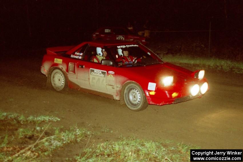 Phil Schmidt / Steve Irwin at speed at the crossroads spectator point in their Toyota MR-2.