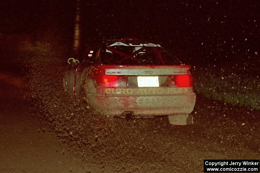 John Rek / Rob Dupree drift their Audi S2 Quattro through a 90-left on the final stage of the night.