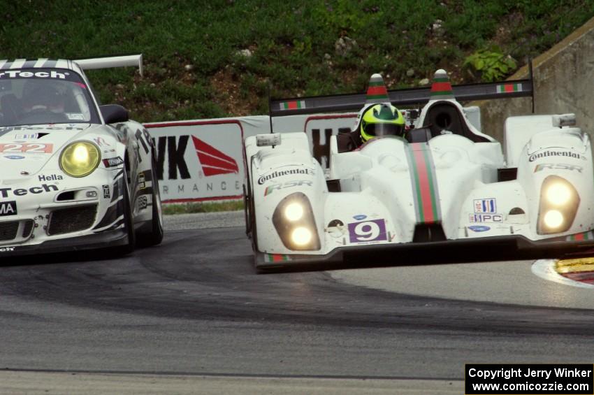 Bruno Junqueira / Duncan Ende Oreca FLM09 passes Jeroen Bleekemolen / Cooper MacNeil Porsche GT3 Cup