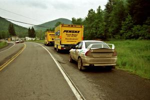 Pete Lahm / Matt Chester Mitsubishi Lancer Evo IV set up shop near the start of the practice stage.