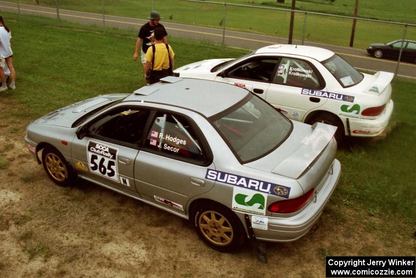 Russ Hodges / Jeff Secor Subaru WRX and Henry Krolikowski / Cindy Krolikowski Subaru WRX STi in the tech line.