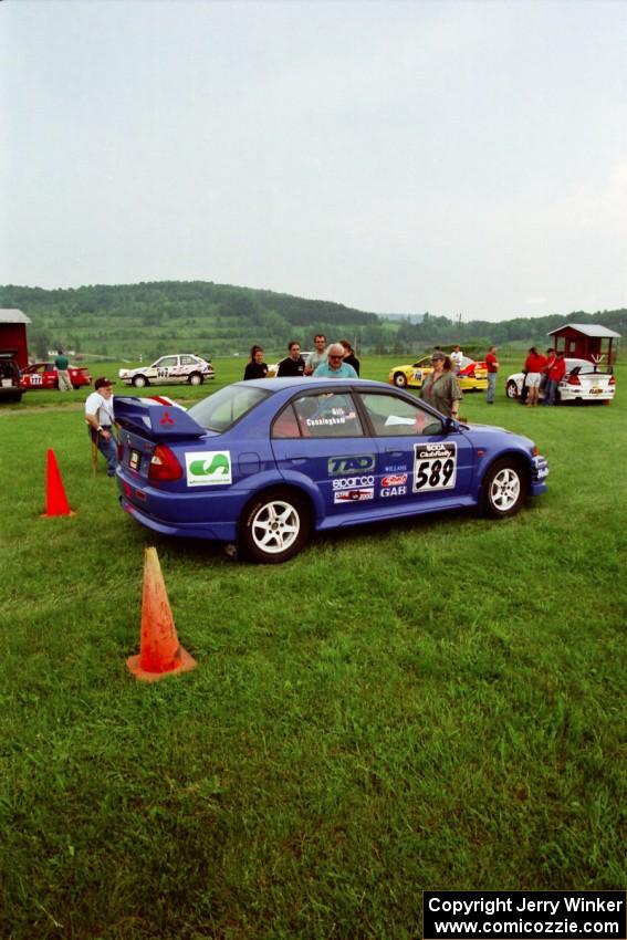 Peter Cunningham / Jim Gill Mitsubishi Lancer Evo VI in line for tech inspection.