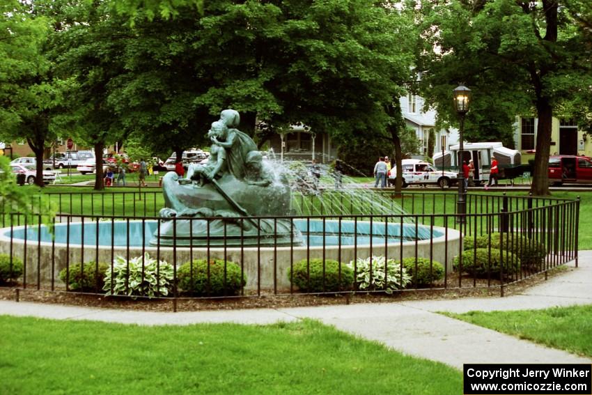 Fountain and statue in the park in the center of Wellsboro, PA.