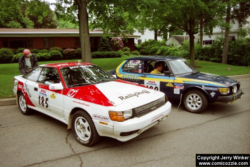 Jon Bogert / Daphne Bogert Toyota Celica All-Trac and Mike White / Marc Goldfarb SAAB 99GLI at parc expose before the rally.