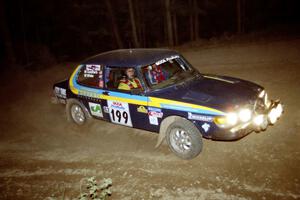 Mike White / Marc Goldfarb SAAB 99GLI at the first hairpin on SS8, Rim Stock.