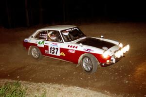 Phil Smith / Dallas Smith MGB-GT at the first hairpin on SS8, Rim Stock.