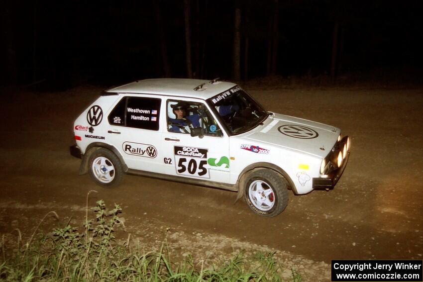 Jon Hamilton / Josh Westhoven VW Rabbit at the first hairpin on SS8, Rim Stock.