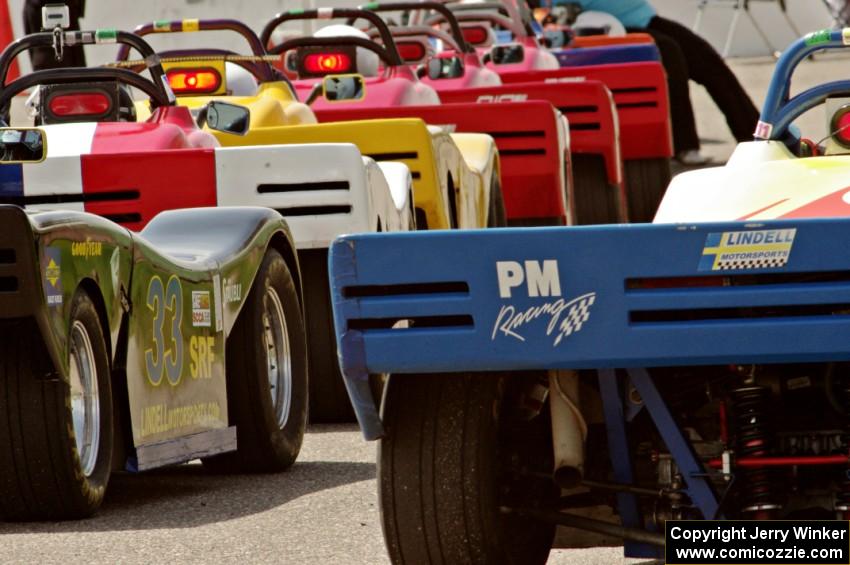 Spec Racer Fords lined up on the false grid before qualifying