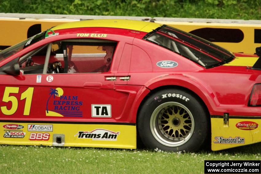 Tom Ellis' Ford Mustang comes to a stop at turn 12