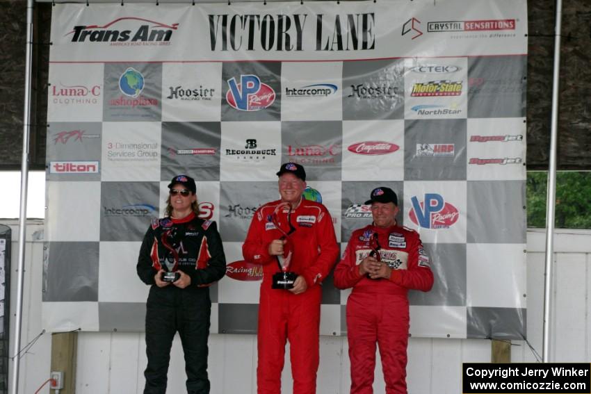 Trans-Am overall podium: L) Amy Ruman - 2nd; Doug Peterson - 1st; and Cliff Ebben - 2nd