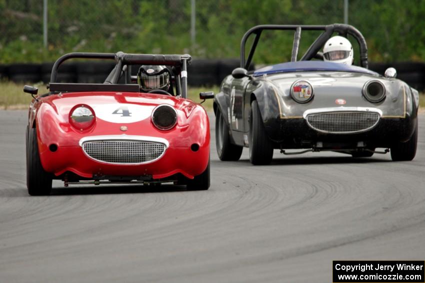 Tom Daly's Austin-Healey Sprite leads Phil Schaefer's Austin-Healey Sprite through the carousel.