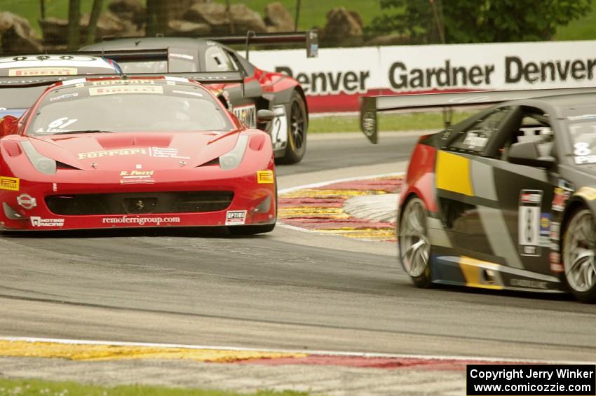 Andy Pilgrim's Cadillac CTS-V R, Anthony Lazzaro's Ferrari 458 Italia GT3 with Andrew Palmer's and Mike Skeen's Audi R8 Ultras