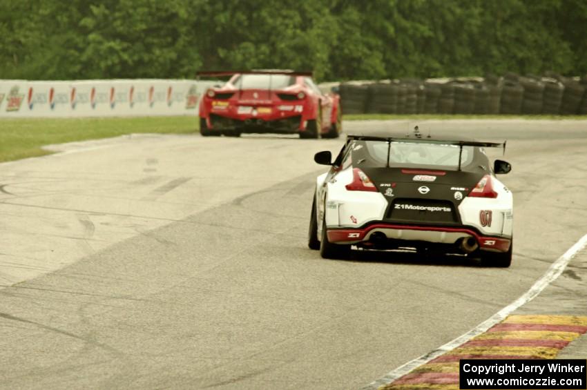 Brian Kleeman's Nissan 370Z follows Nick Mancuso's Ferrari 458 Italia GT3