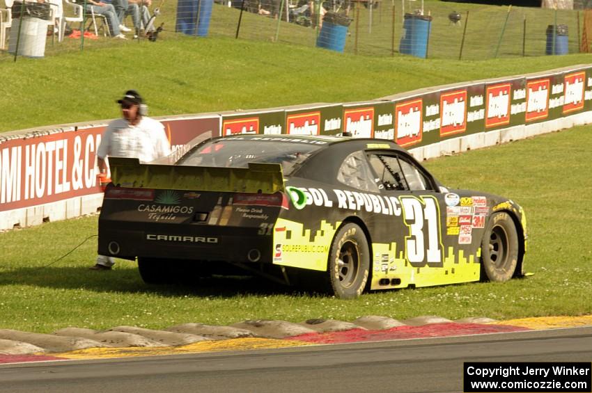 Justin Marks' Chevy Camaro stops at turn 6.