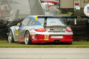 Blair Chang's Porsche GT3 Cup comes to a stop just after turn 8.