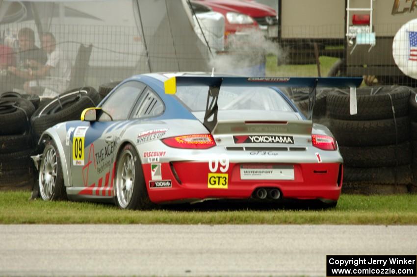 Blair Chang's Porsche GT3 Cup comes to a stop just after turn 8.