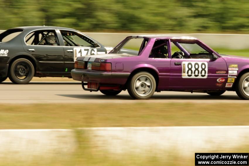 Purple-Headed Chumps Ford Mustang passes the JSK Racing Nissan Maxima
