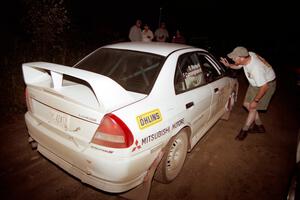 Seamus Burke / Frank Cunningham Mitsubishi Lancer Evo IV checks into the finish of SS7, Two Inlets.