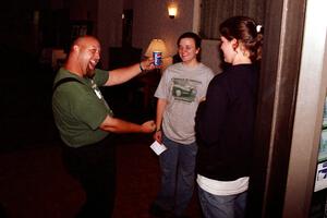 Doug Davenport shows his driving prowess to Kathy Freund and Lea Davenport after the Friday night stages.