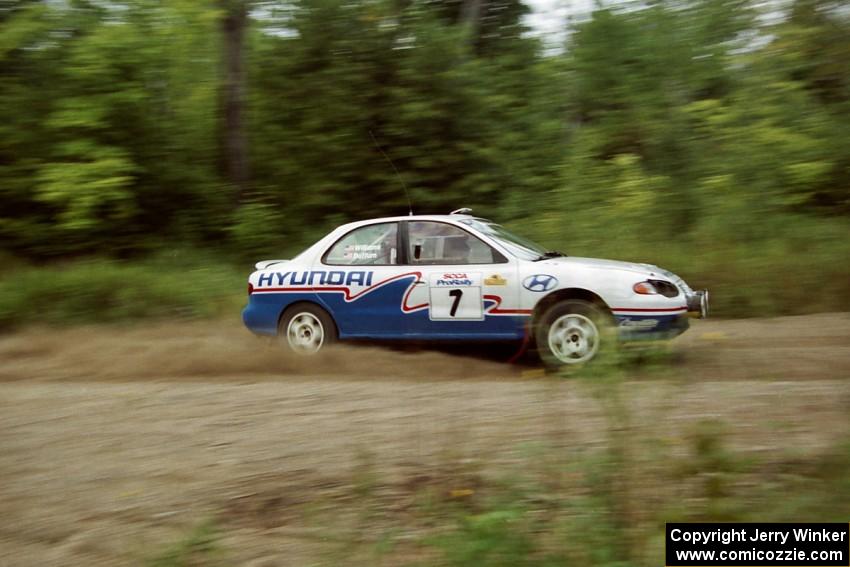 John Buffum / Mark Williams Hyundai Elantra at speed on SS1, Waptus.