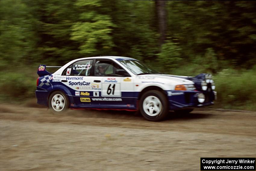 Karl Scheible / Russ Hughes Mitsubishi Lancer Evo V at speed on SS1, Waptus.