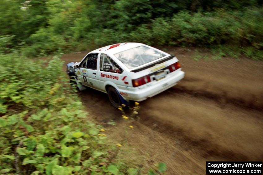 Jay Streets / Mark Tabor Toyota Corolla GT-S at speed on SS1, Waptus.