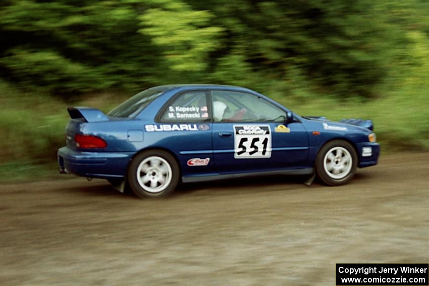 Mark Sarnecki / Rick Kopecky Subaru Impreza 2.5RS at speed on SS1, Waptus.