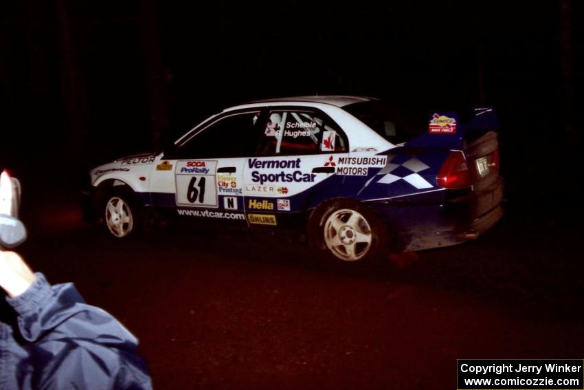 Karl Scheible / Russ Hughes Mitsubishi Lancer Evo V at speed on SS5, Hanna One.