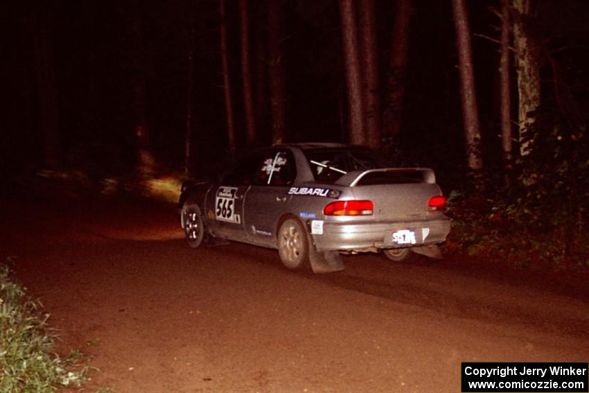 Russ Hodges / Jimmy Brandt Subaru WRX at speed on SS5, Hanna One.