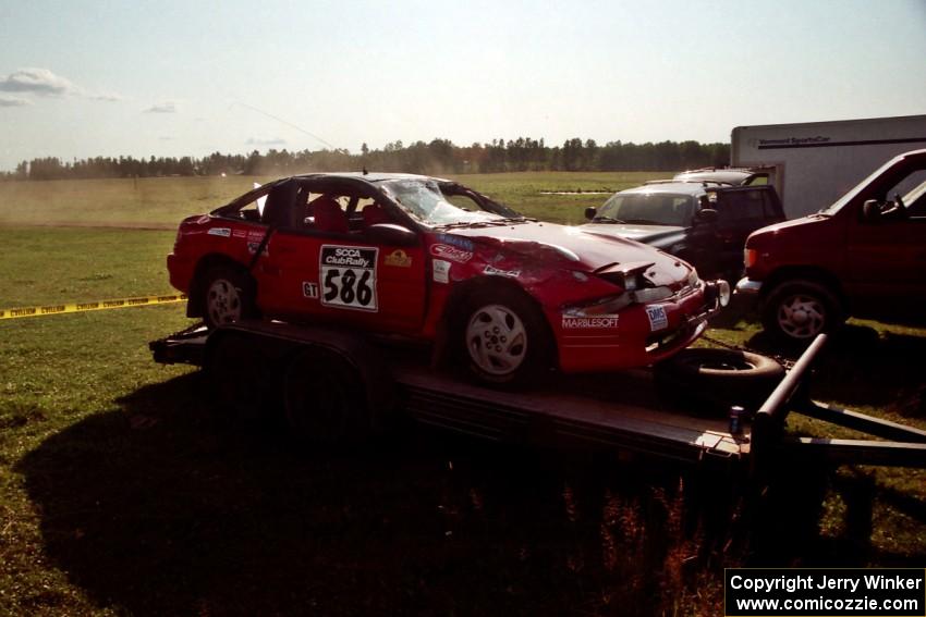 The Mark Larson / Kelly Cox Eagle Talon was destroyed after a hard roll on SS2.