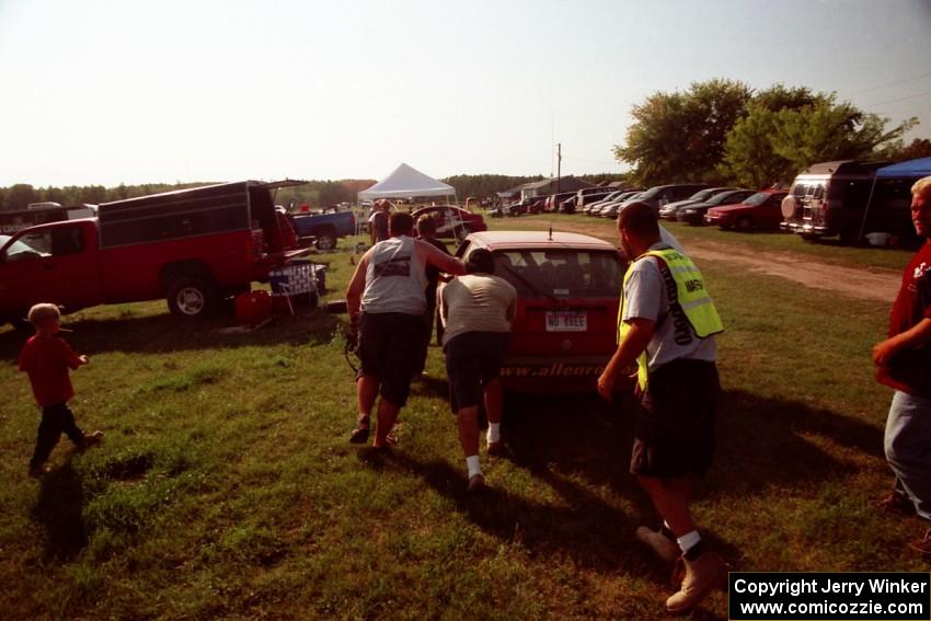 Brian Vinson / Richard Beels VW GTI at get pushed into mid-day service at the ranch stage.