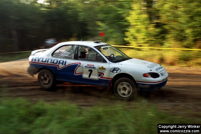 John Buffum / Mark Williams Hyundai Elantra at speed on SS14, East Steamboat.