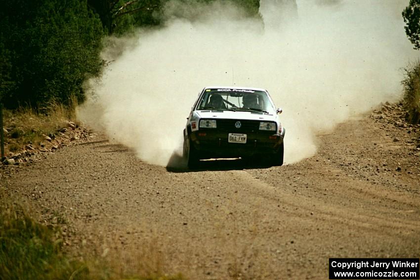 Mark Utecht / Brenda Corneliusen VW GTI limps to the finish of SS6 on three wheels.